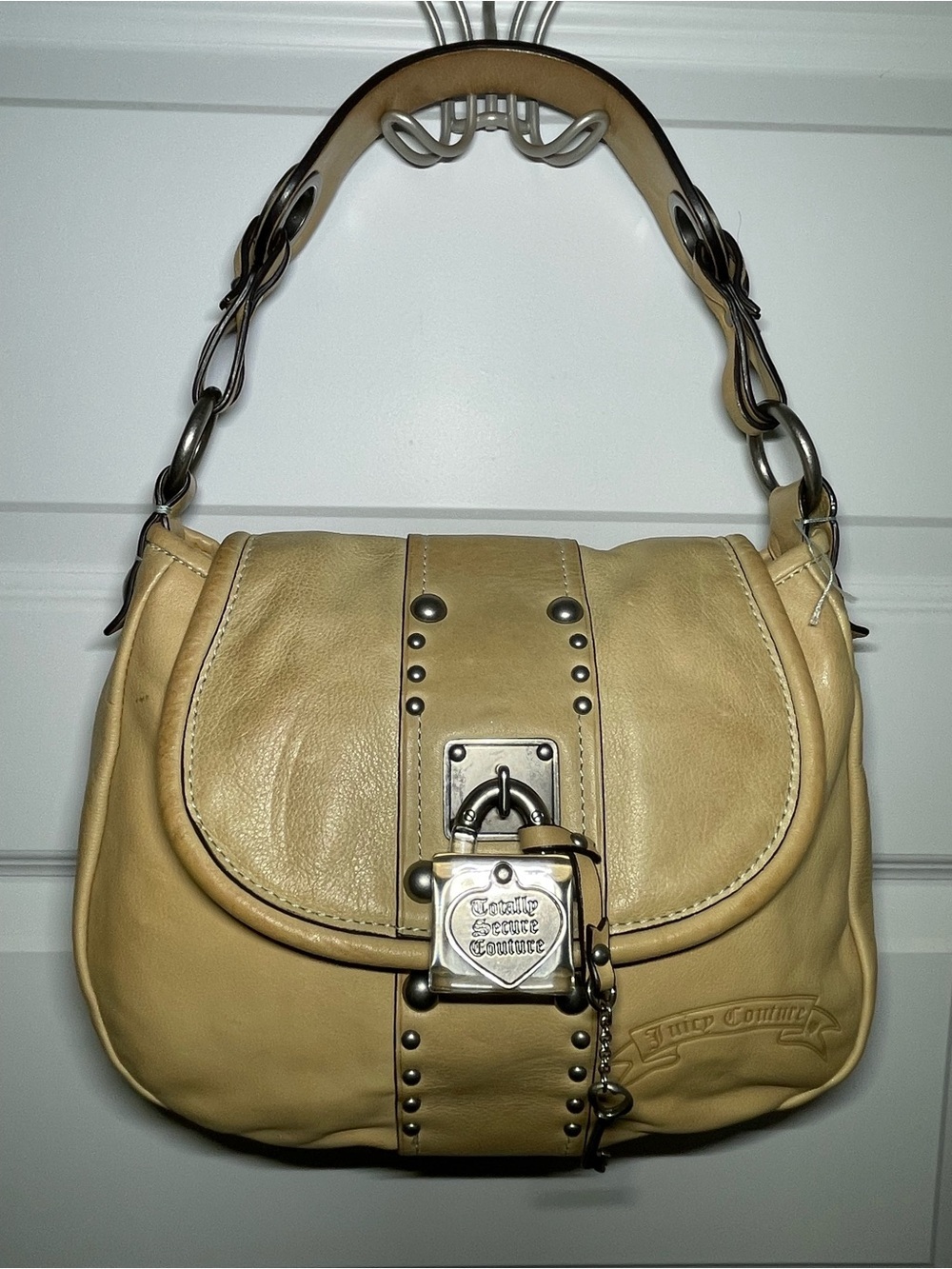 Y2K Vintage Juicy Couture Tan Leather Handbag Pink Dust Bag Heart Lock & Key
